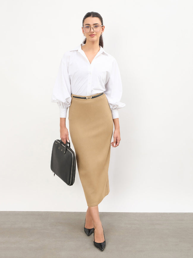 Women Brown Front Metal Trim Back Slit Pencil Skirt