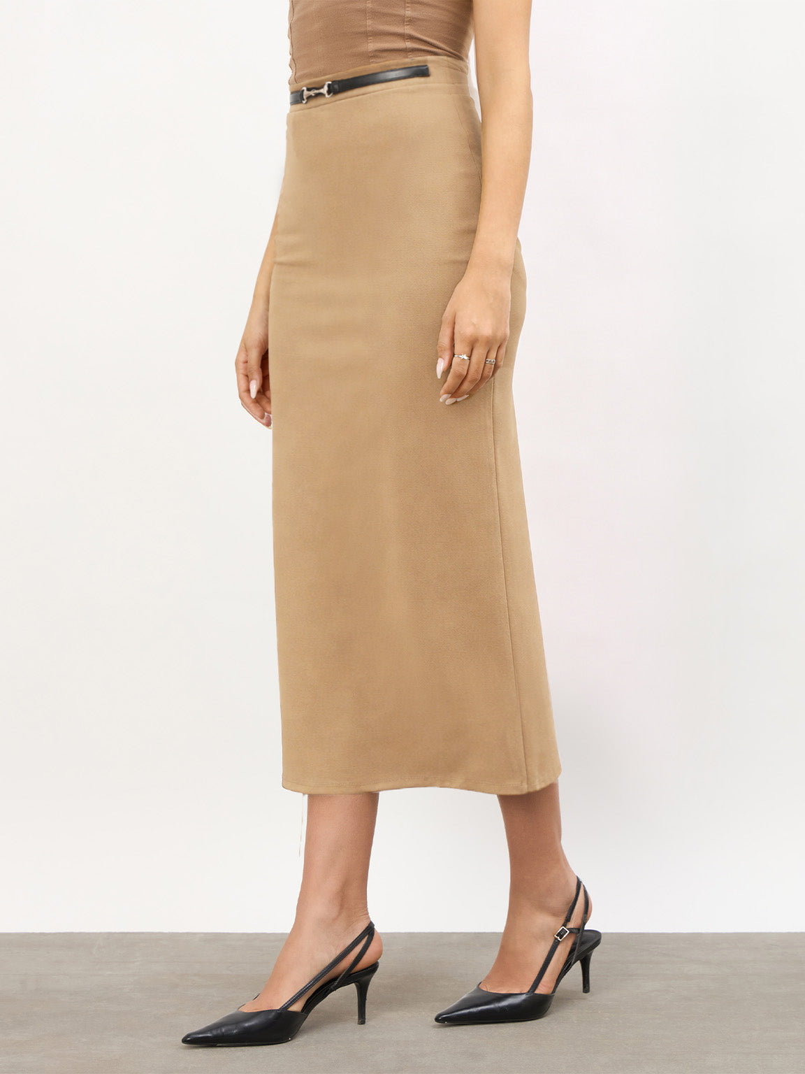 Women Brown Front Metal Trim Back Slit Pencil Skirt