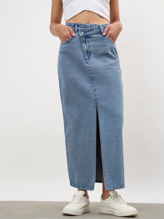 Women Blue Blast Asymmetrical Waist Front Slit Maxi Skirt