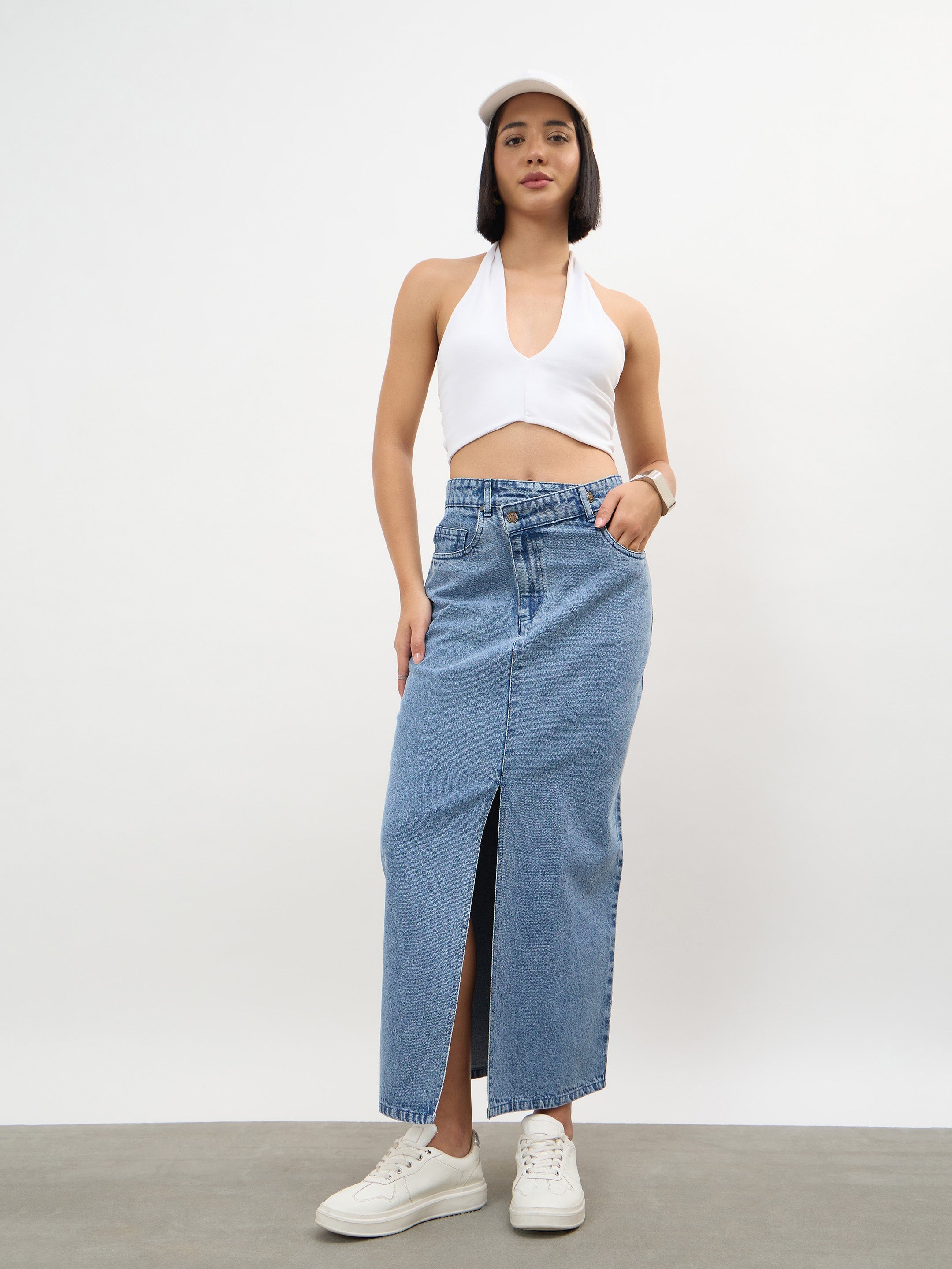 Women Blue Blast Asymmetrical Waist Front Slit Maxi Skirt
