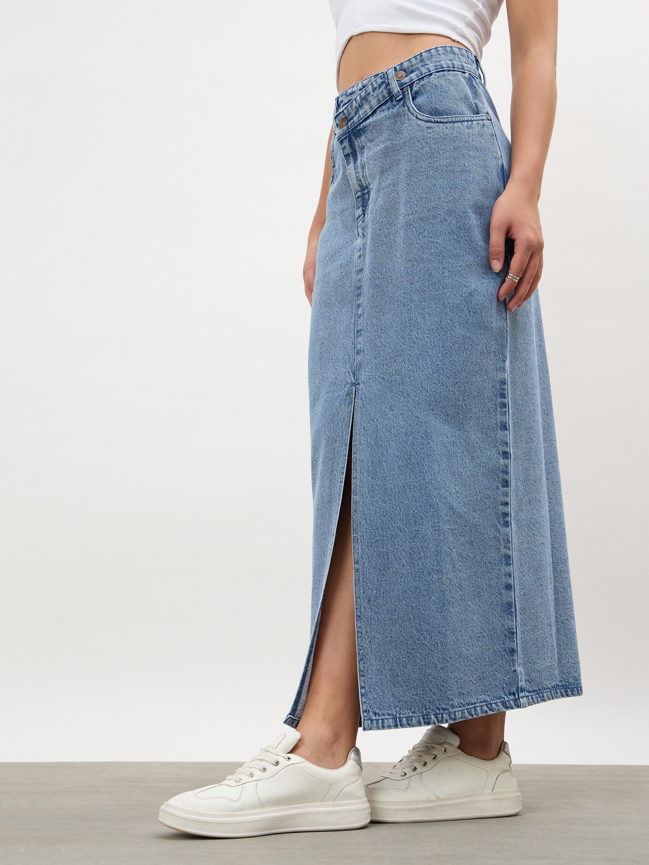 Women Blue Blast Asymmetrical Waist Front Slit Maxi Skirt