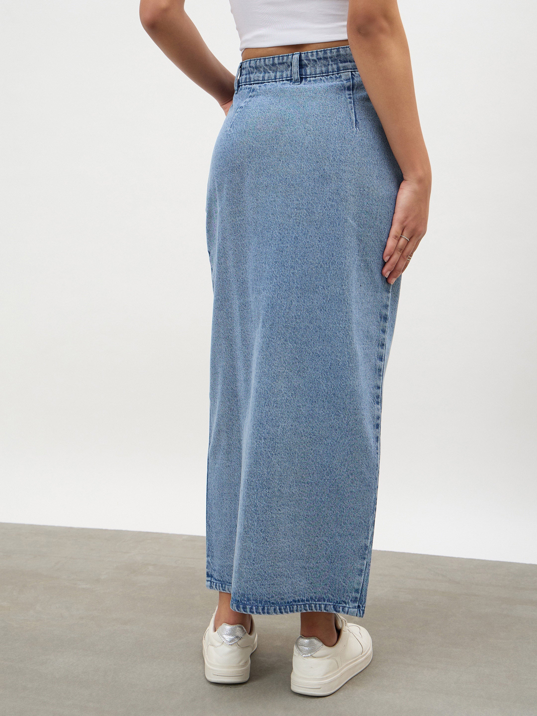 Women Blue Blast Asymmetrical Waist Front Slit Maxi Skirt
