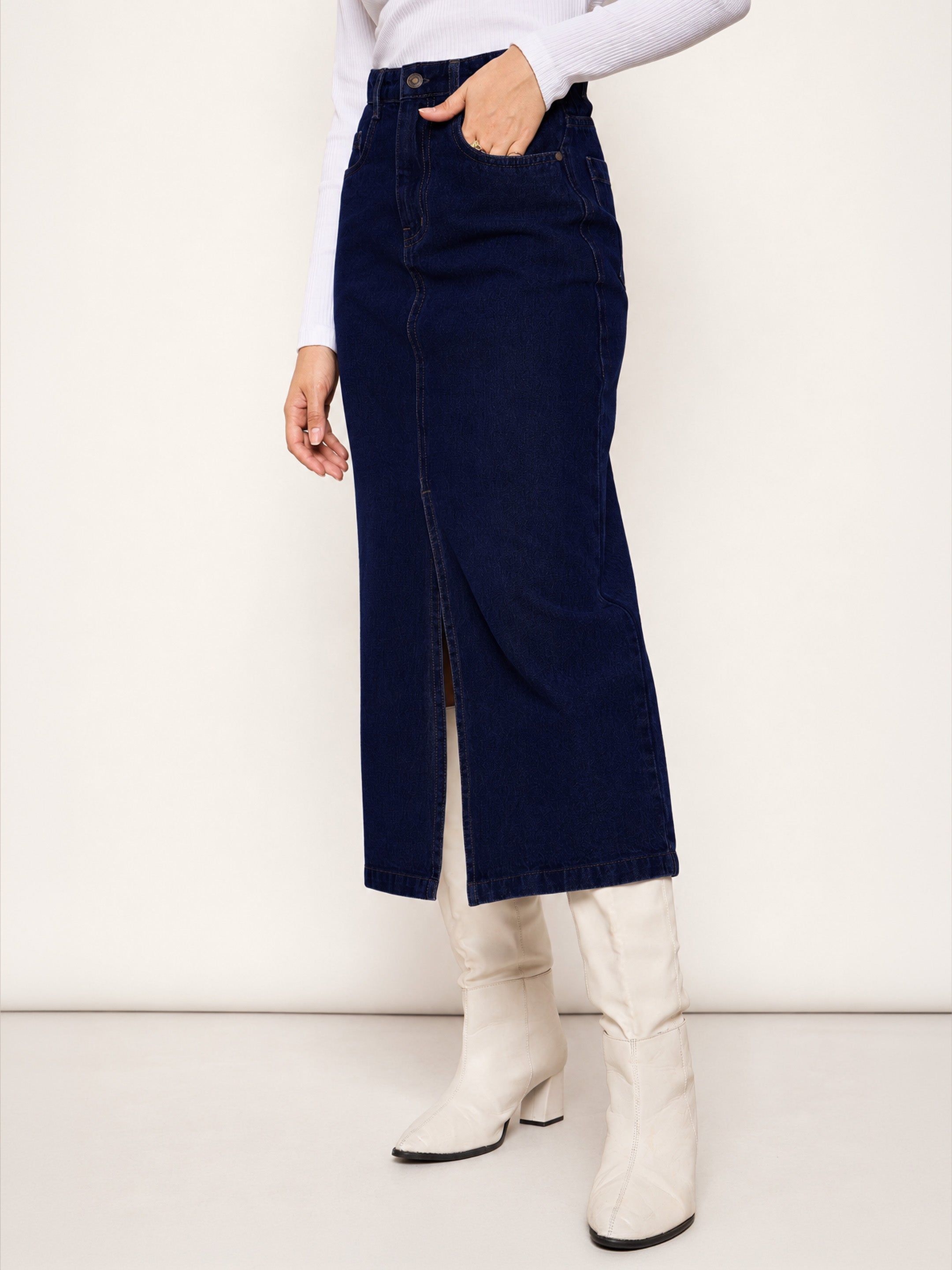 Women Navy Blue Denim Front Slit Midi Skirt