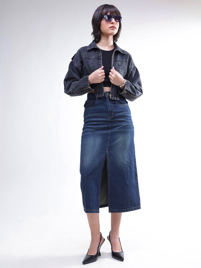 Women Blue Whisker Denim Front Slit Midi Skirt