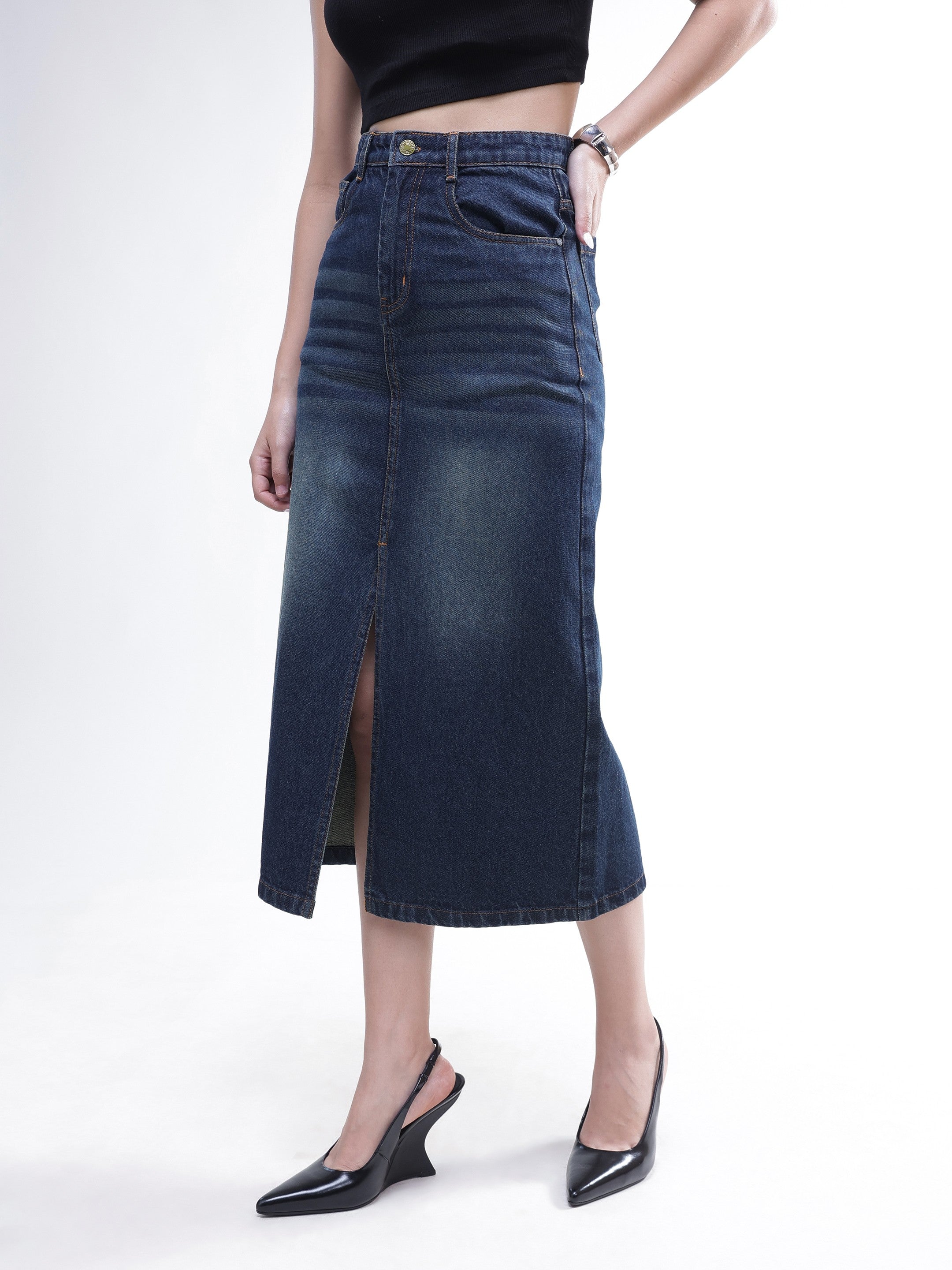 Women Blue Whisker Denim Front Slit Midi Skirt