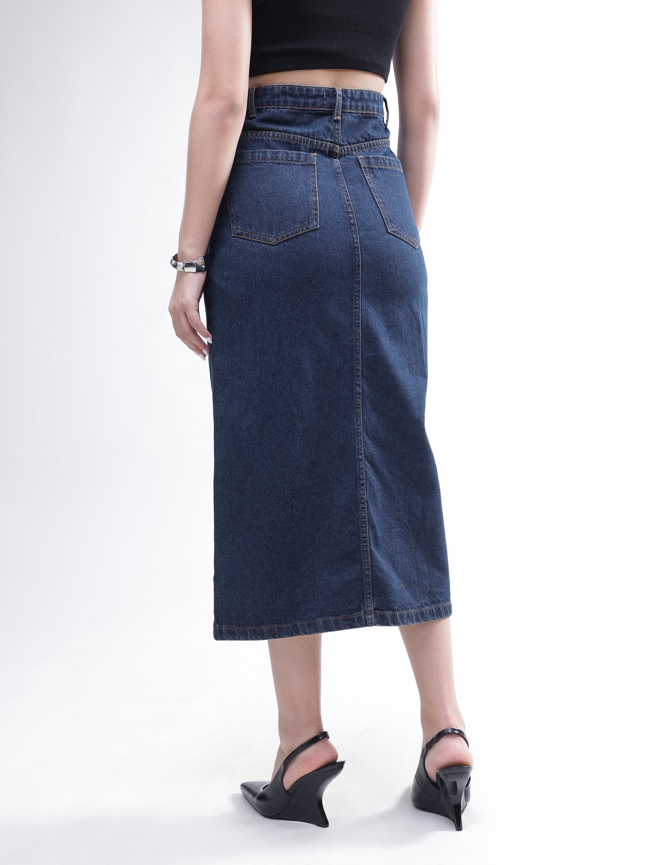Women Blue Whisker Denim Front Slit Midi Skirt