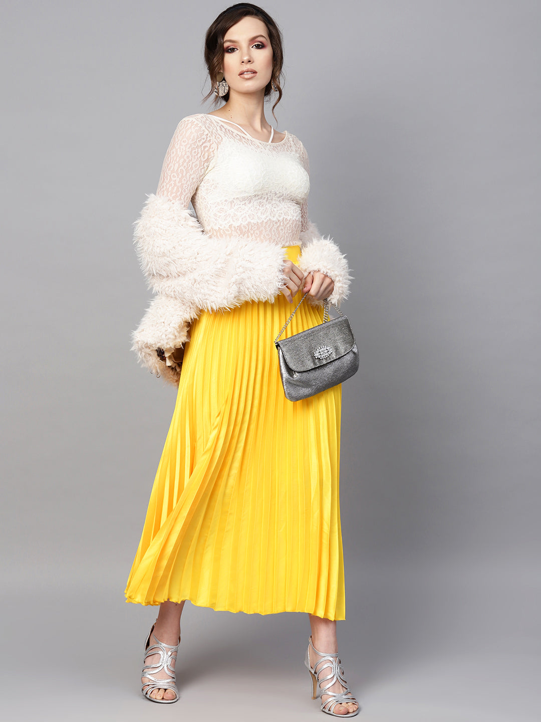 Yellow Satin Pleated Maxi Skirt