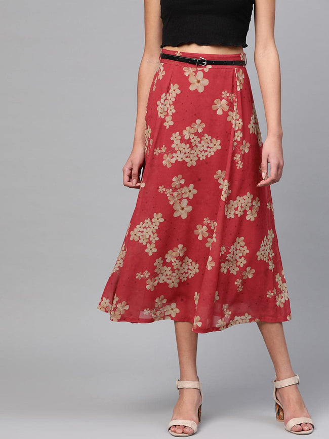 Women Red Floral Flared Skirt