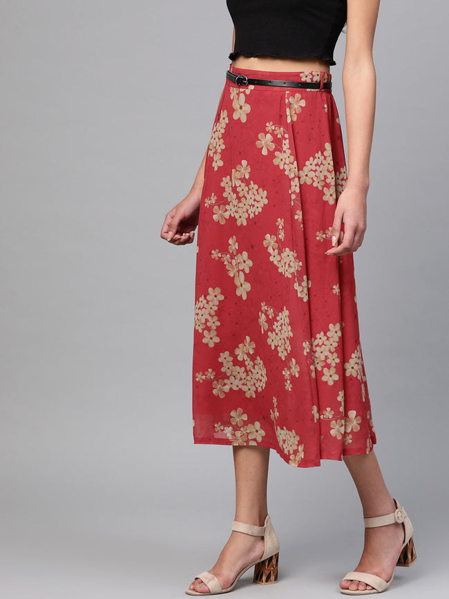 Women Red Floral Flared Skirt
