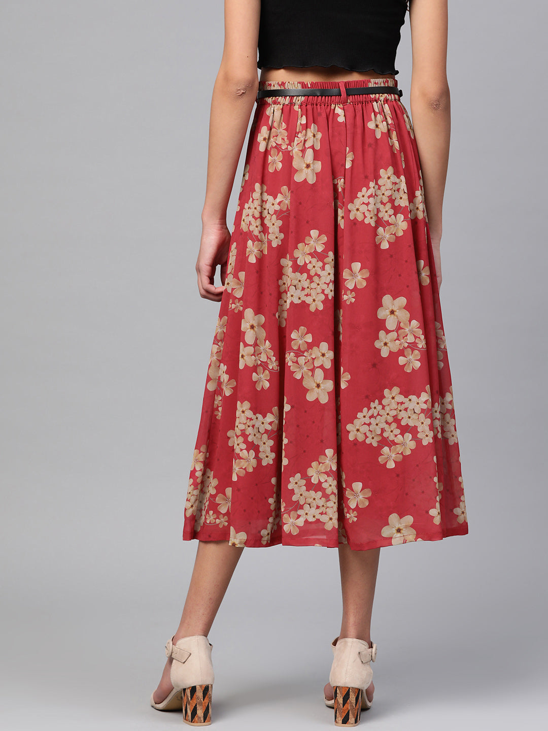 Women Red Floral Flared Skirt
