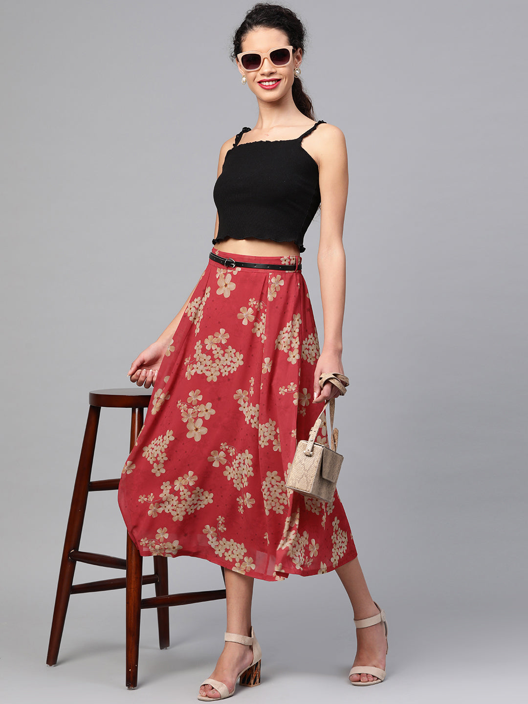 Women Red Floral Flared Skirt