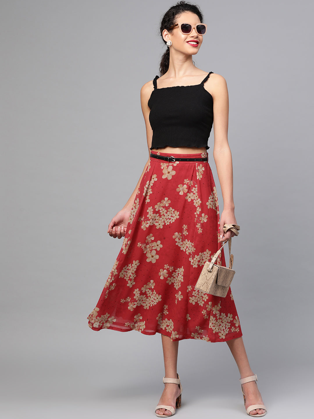 Women Red Floral Flared Skirt