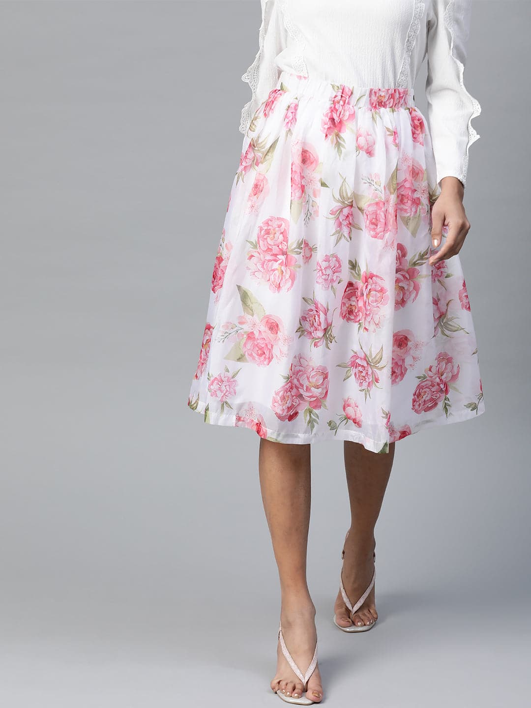 Women White Floral Gathered Skirt
