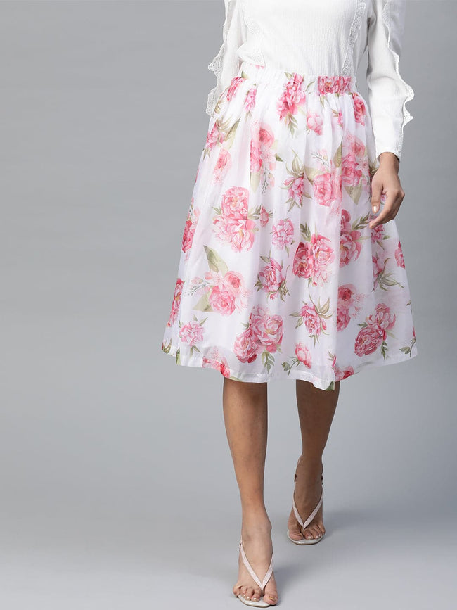Women White Floral Gathered Skirt