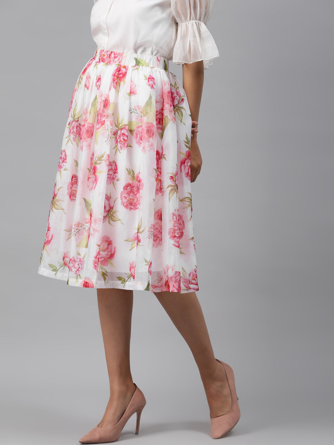 Women White Floral Gathered Skirt