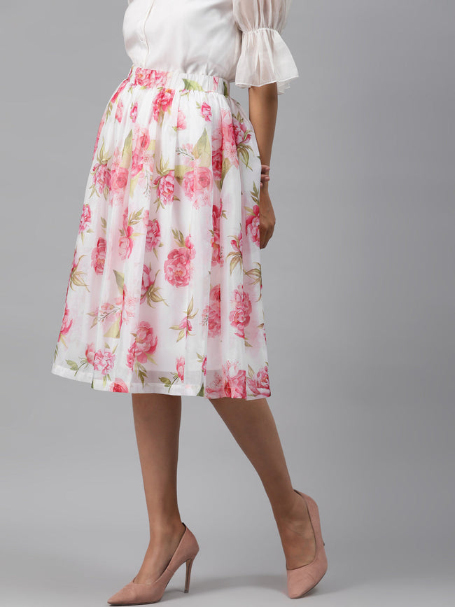 Women White Floral Gathered Skirt