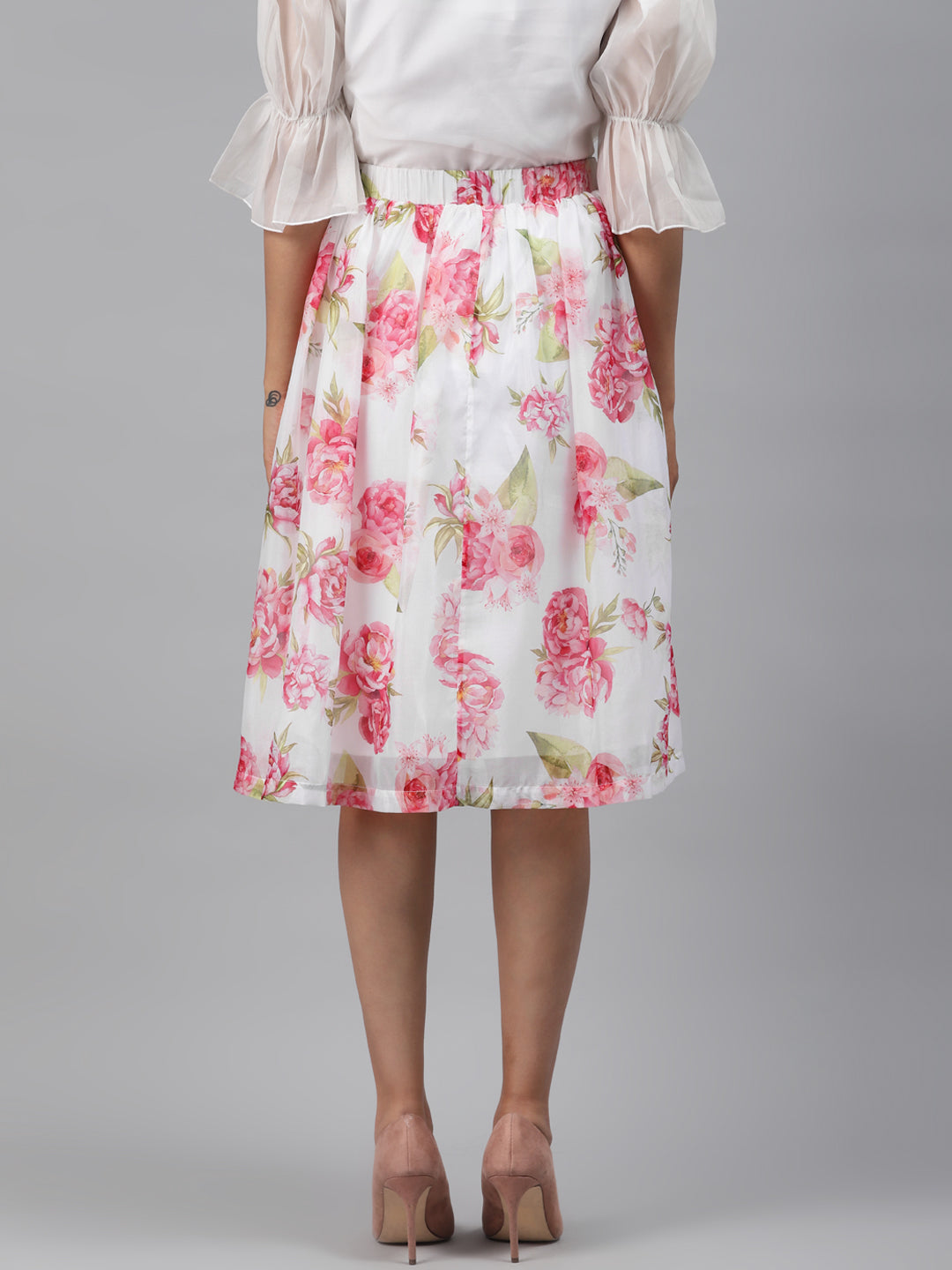 Women White Floral Gathered Skirt