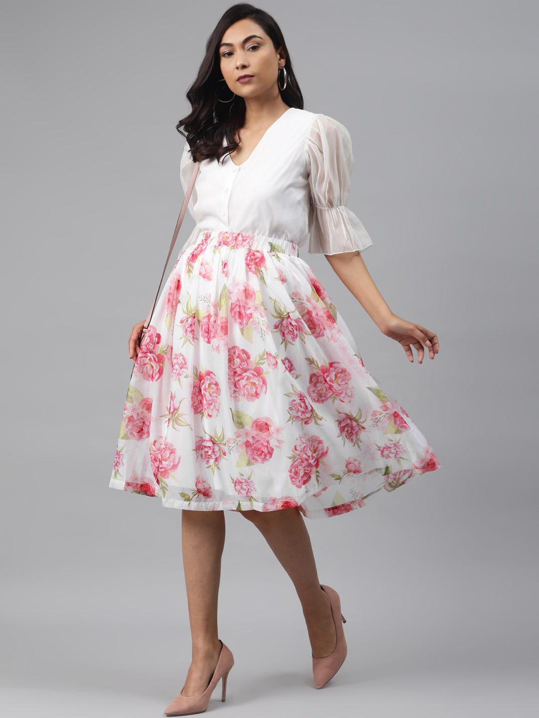 Women White Floral Gathered Skirt