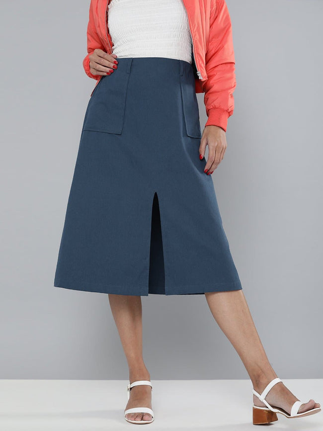 Women Navy Front Slit A-Line Skirt
