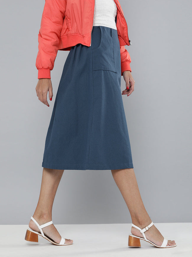 Women Navy Front Slit A-Line Skirt