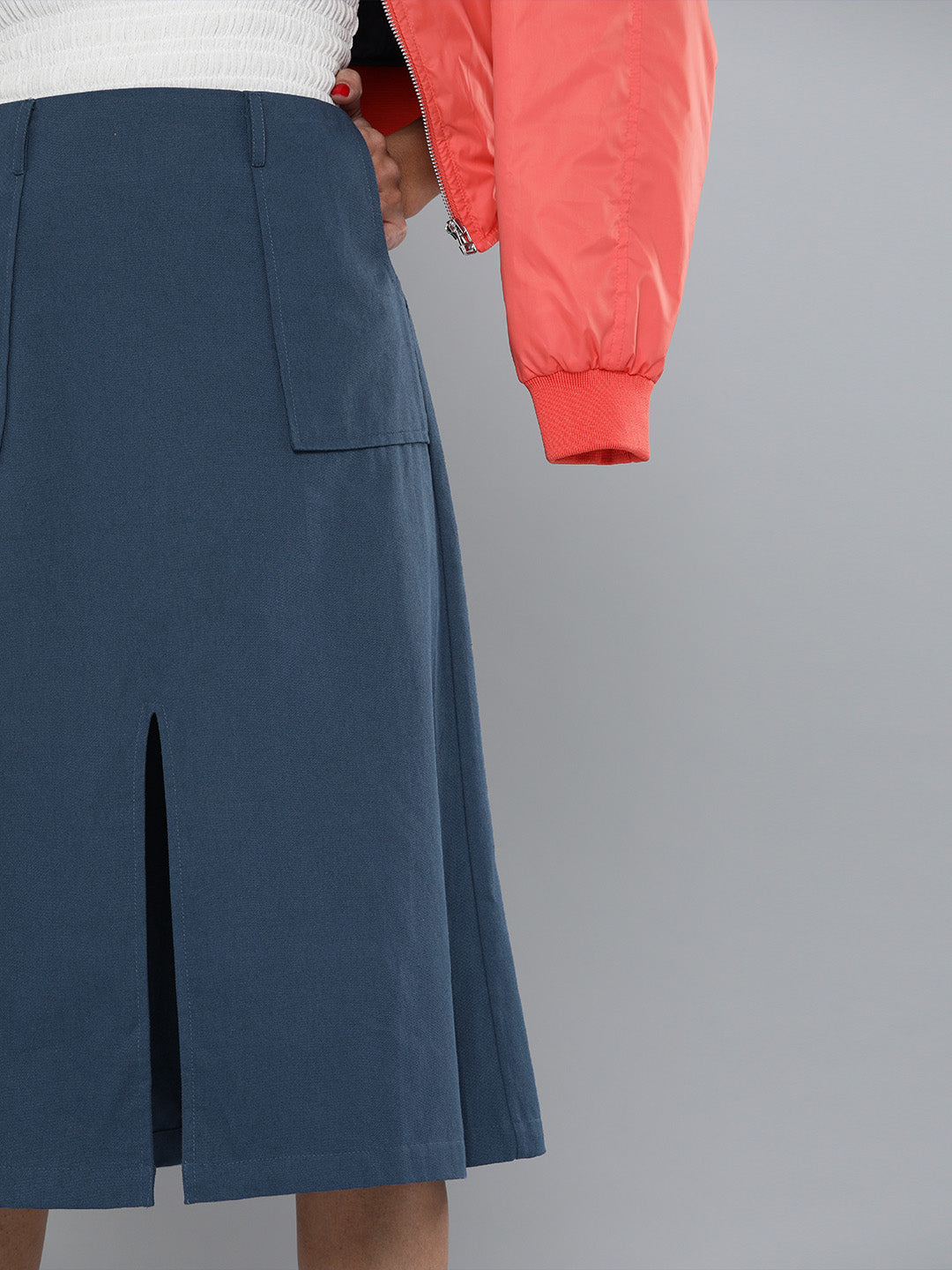 Women Navy Front Slit A-Line Skirt