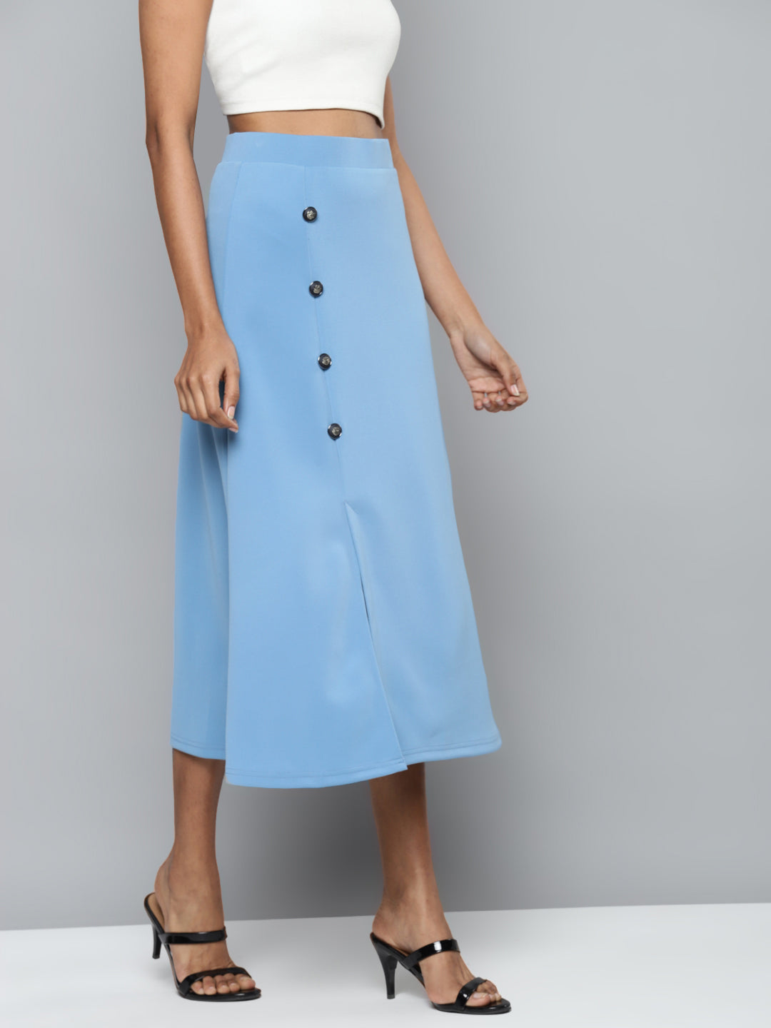 Blue Scuba Front Slit Flared Midi Skirt