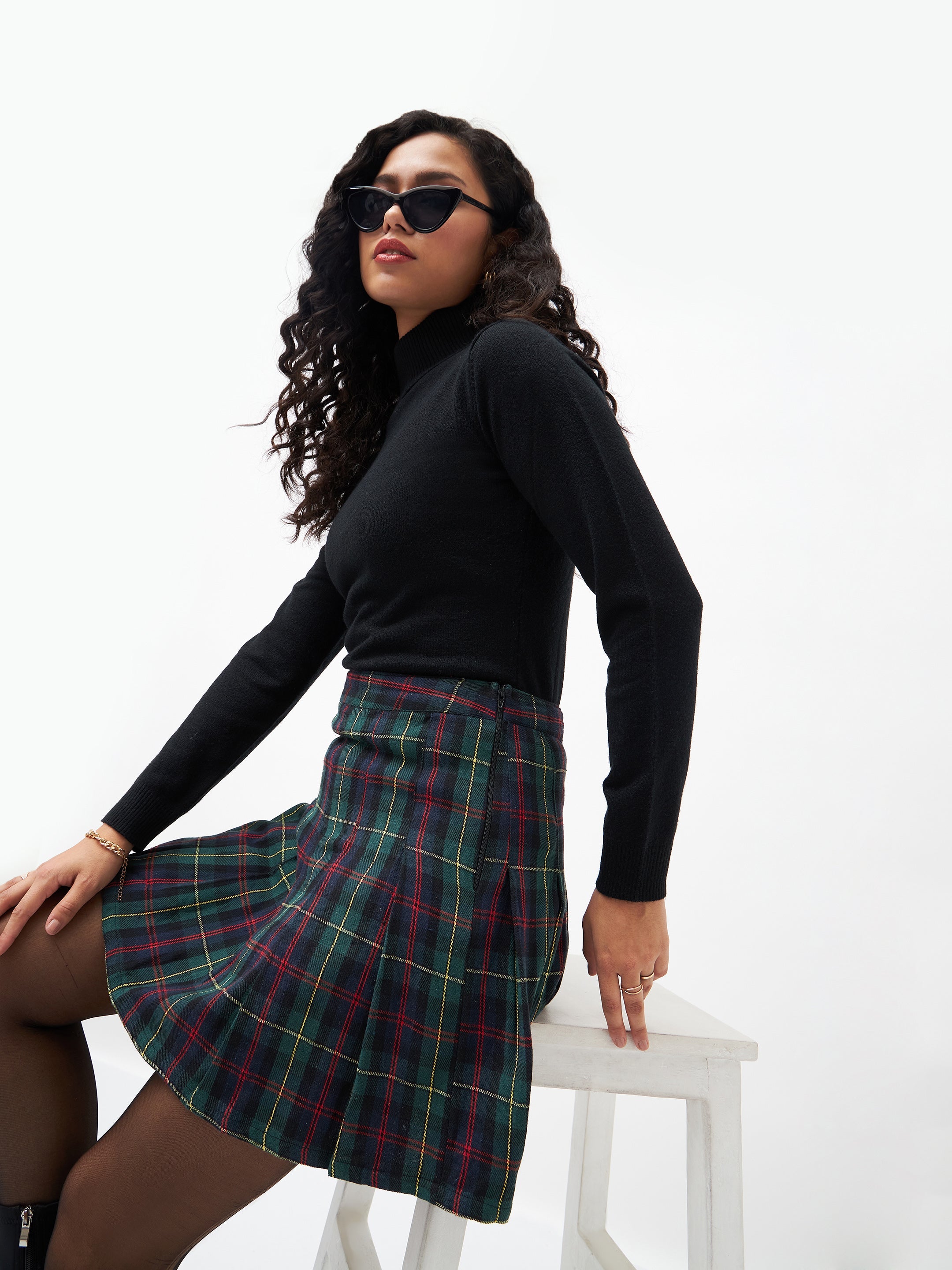 Women Green Plaid Check Mini Skirt