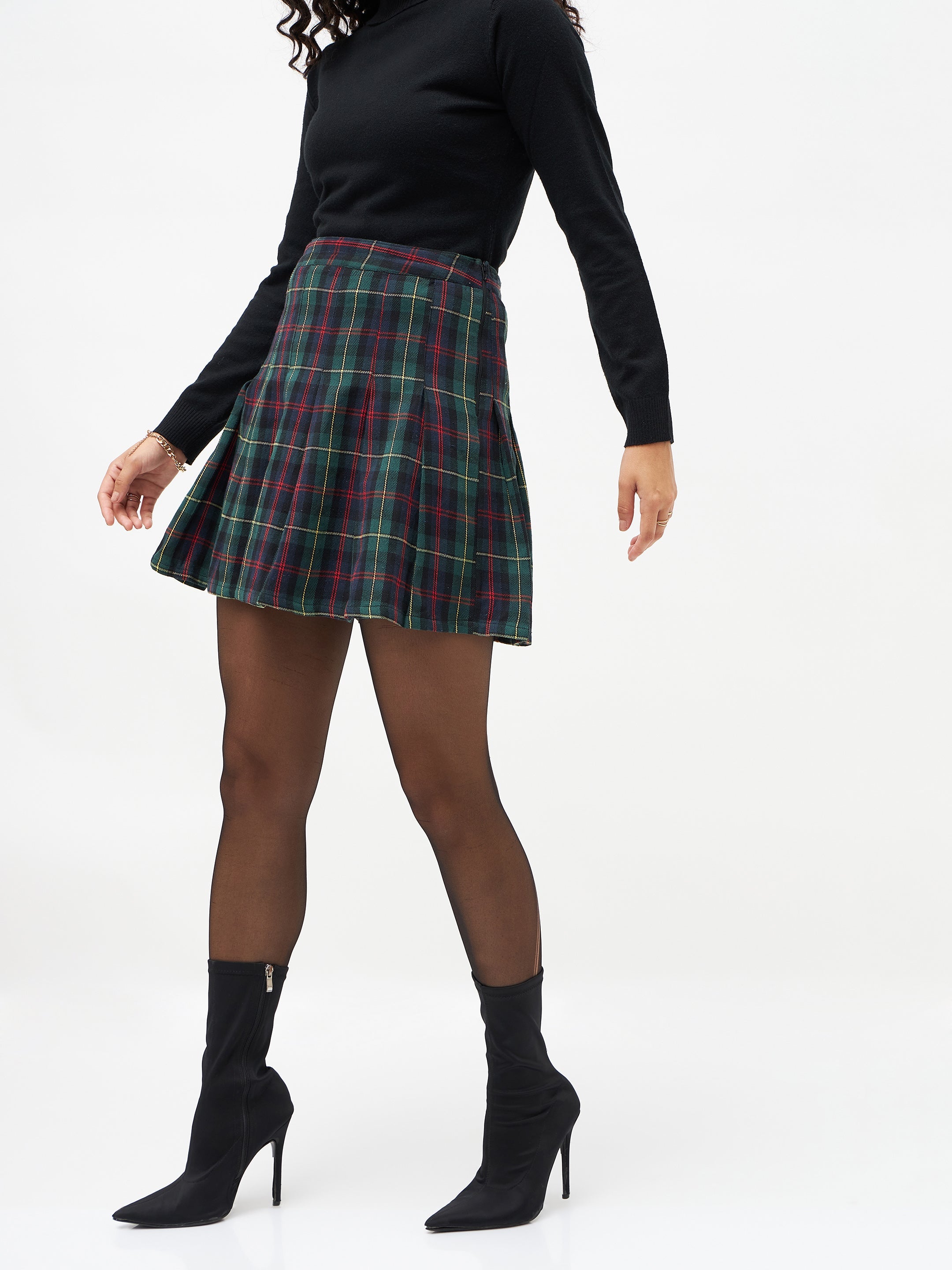 Women Green Plaid Check Mini Skirt
