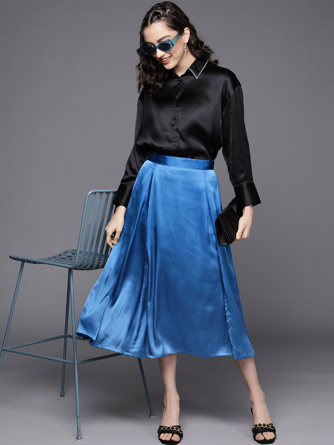 Women Blue Satin Front Slit Flared Midi Skirt