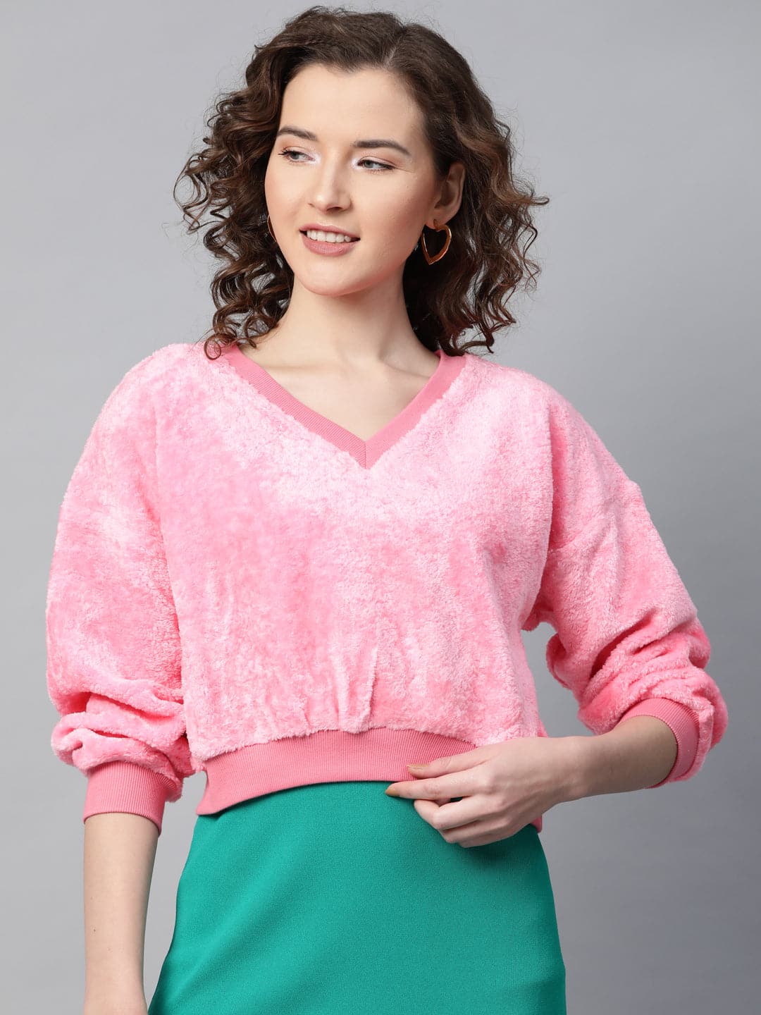 Pink V-Neck Faux Fur Crop Sweatshirt