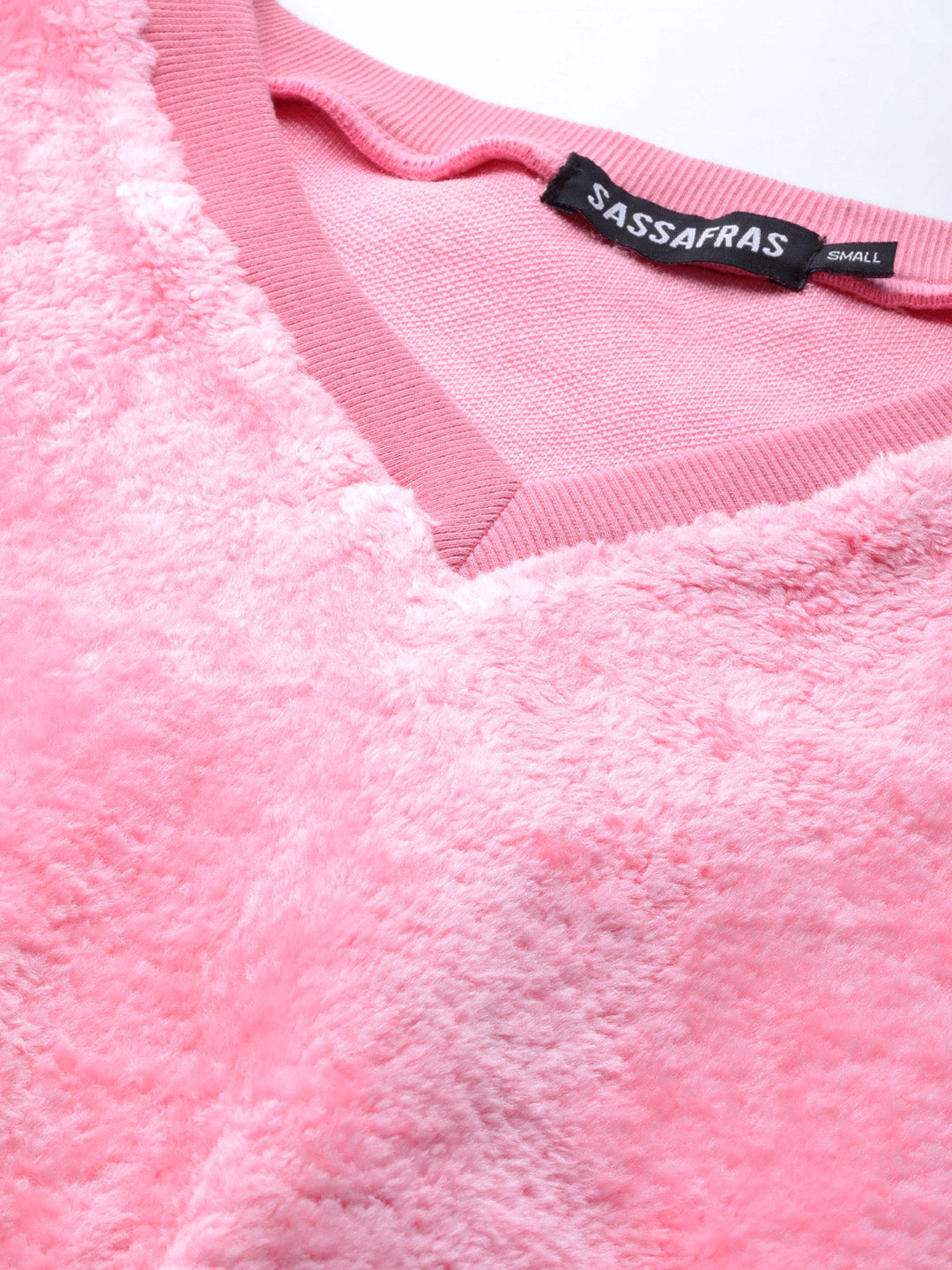 Pink V-Neck Faux Fur Crop Sweatshirt