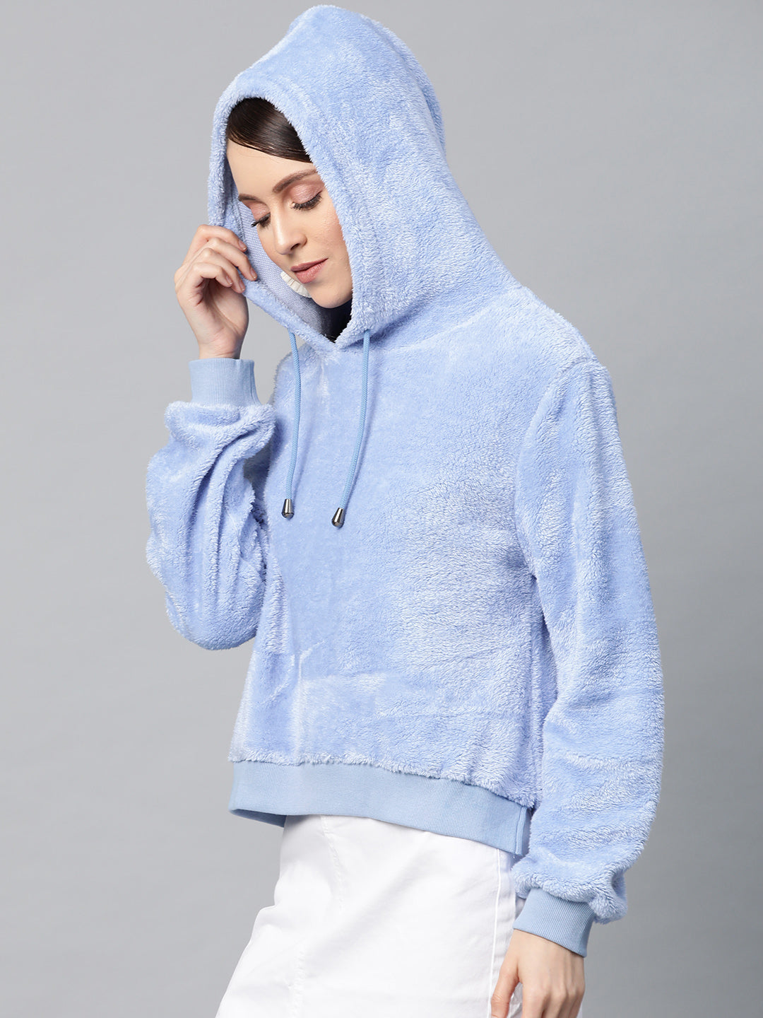 Women Blue Hooded Faux Fur Sweatshirt
