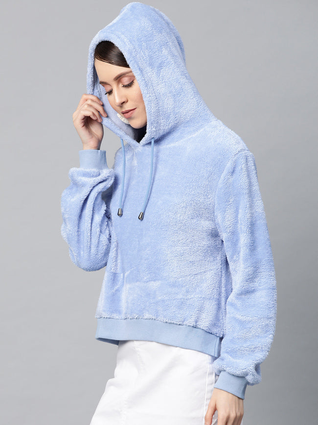 Women Blue Hooded Faux Fur Sweatshirt