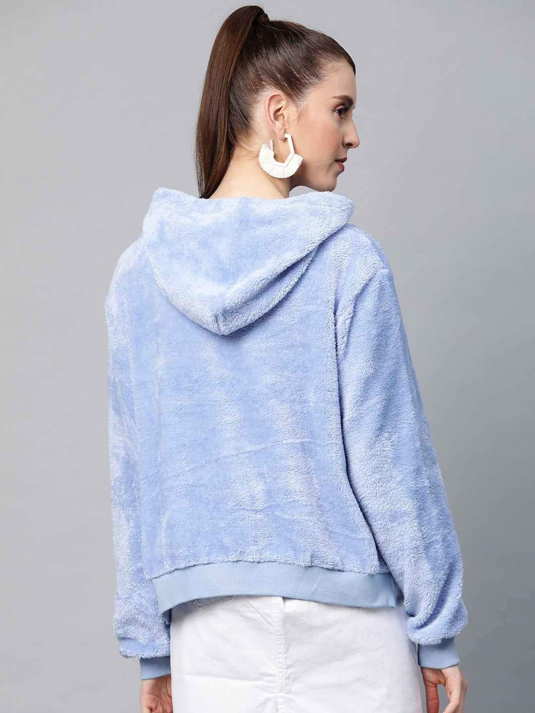 Women Blue Hooded Faux Fur Sweatshirt