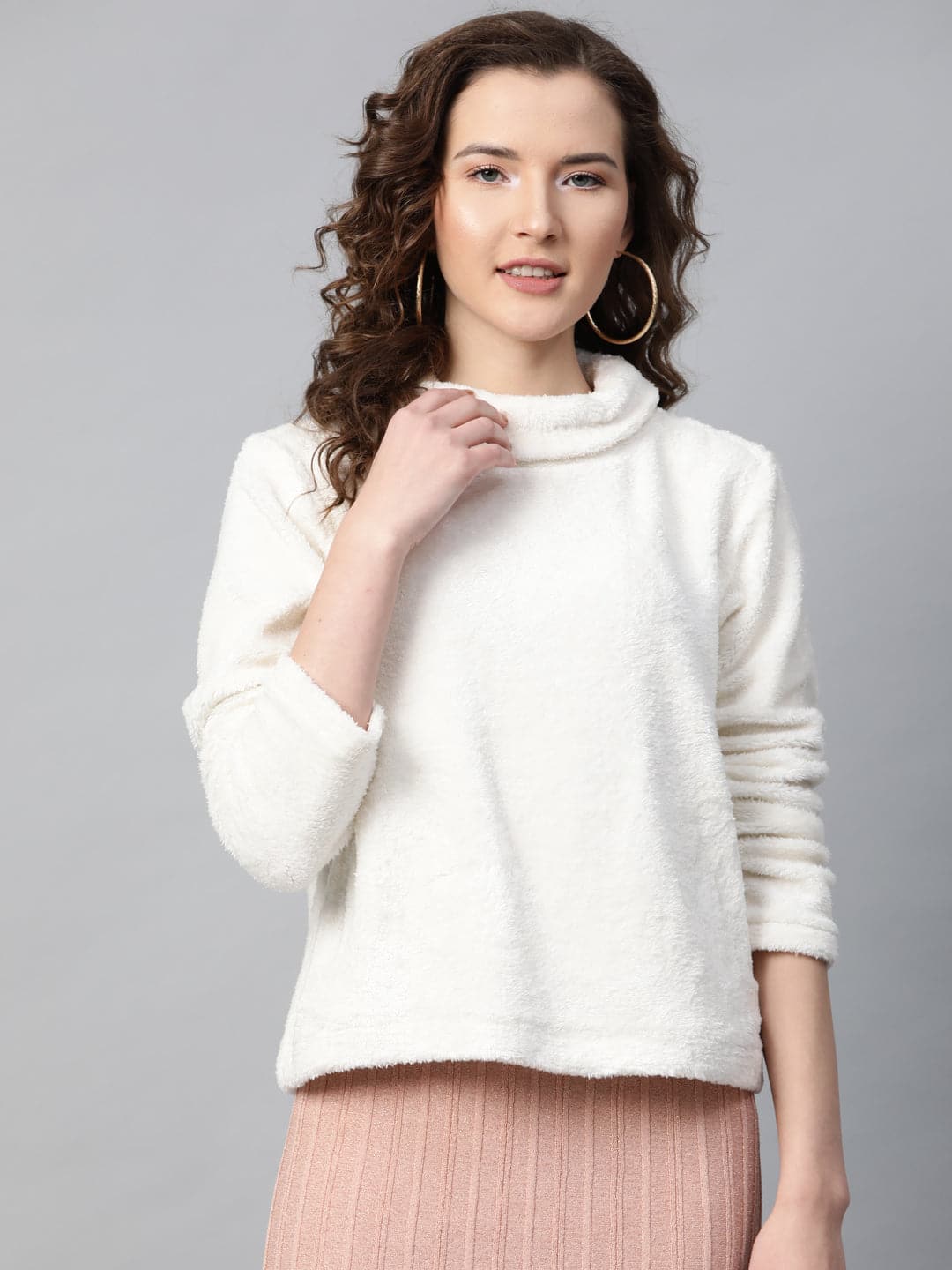 Women White High Neck Faux Fur Sweatshirt