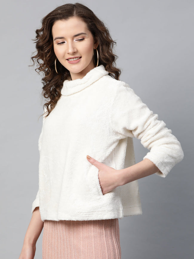 Women White High Neck Faux Fur Sweatshirt