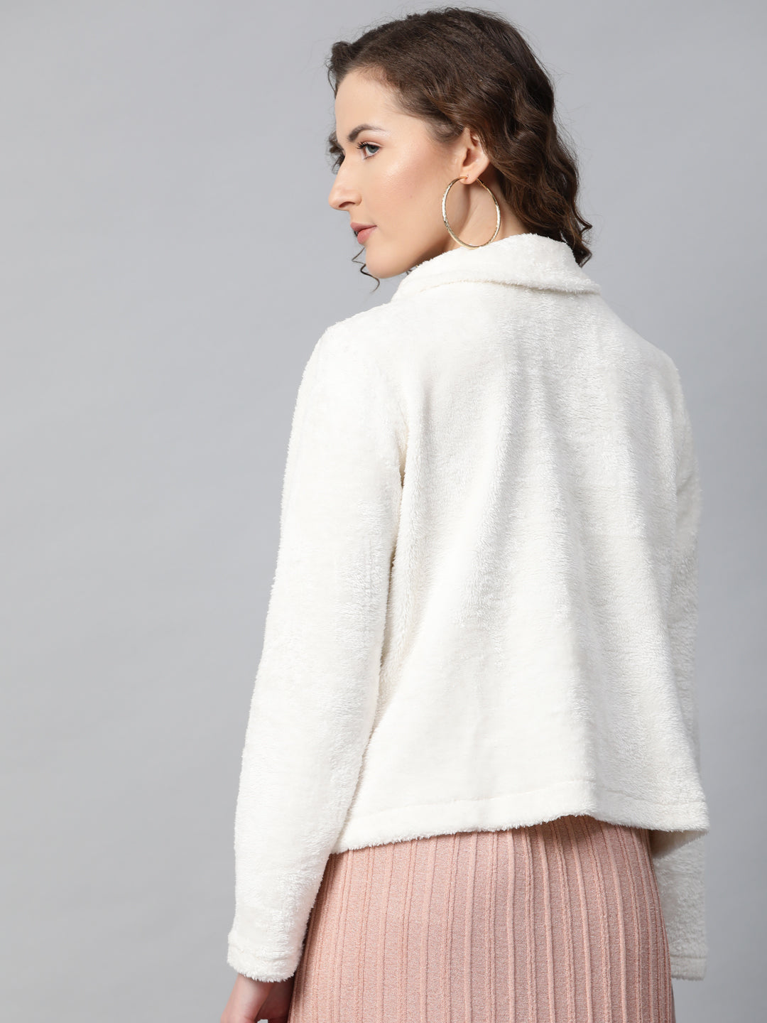 Women White High Neck Faux Fur Sweatshirt