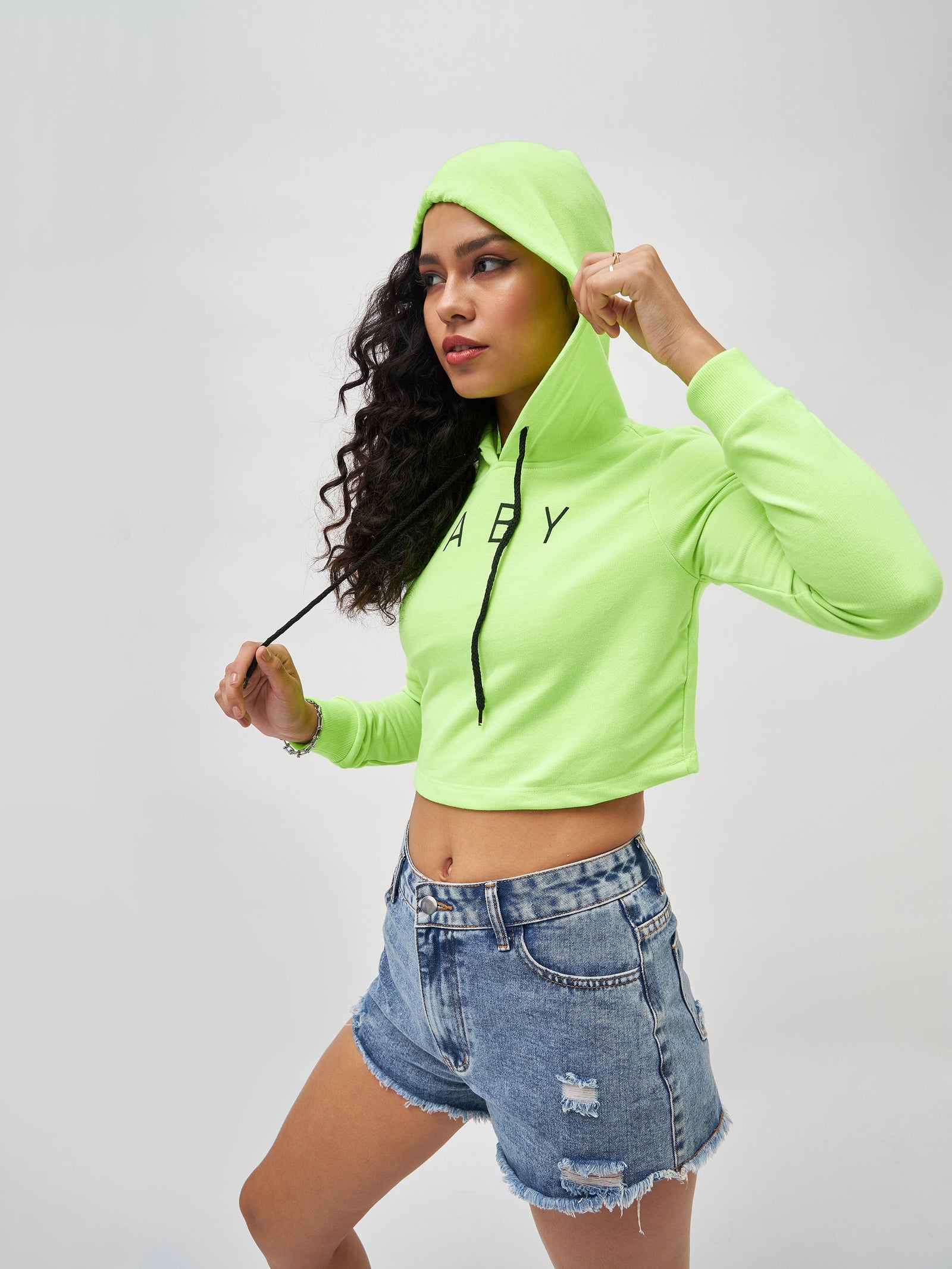 Neon Green Baby-Print Crop Boxy Hoodie