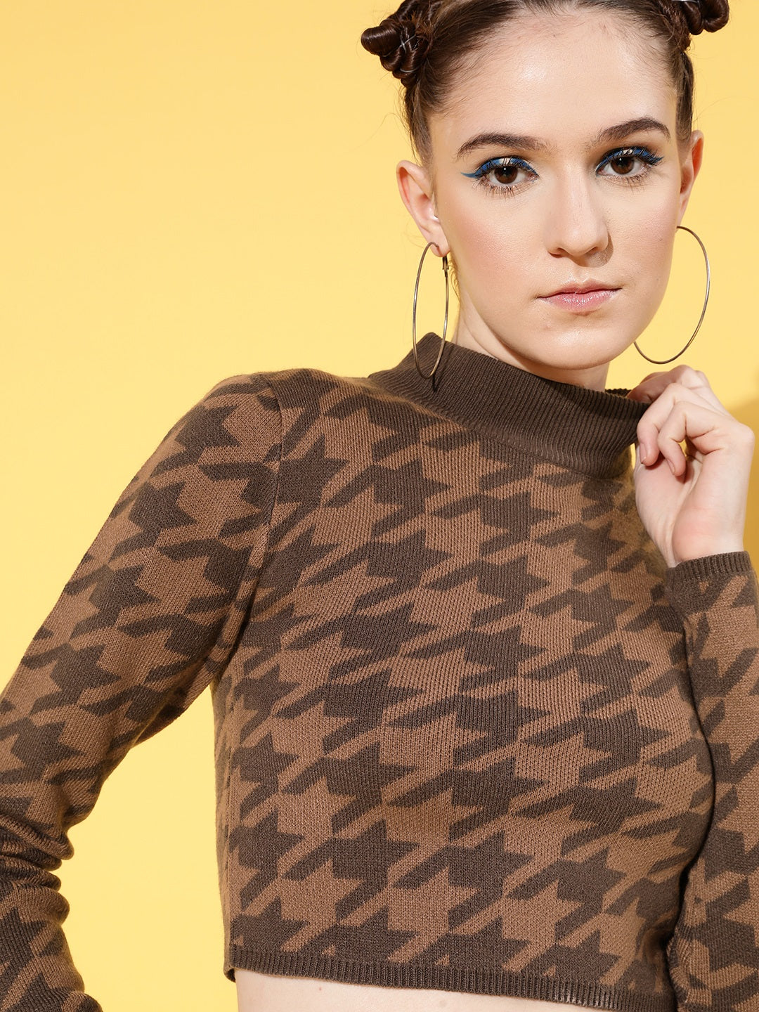 Brown & Dark Brown Houndstooth Crop Sweater-SASSAFRAS