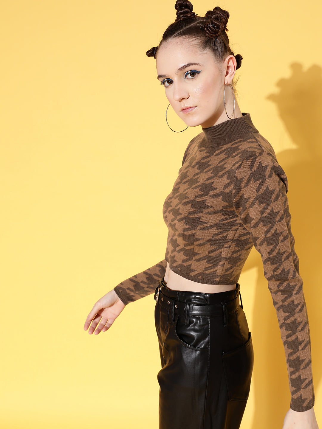 Brown & Dark Brown Houndstooth Crop Sweater-SASSAFRAS