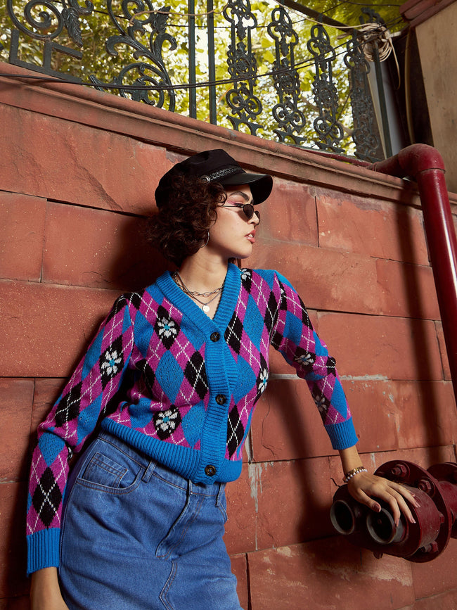 Blue Geometric Front Open Wool Cardigan-SASSAFRAS