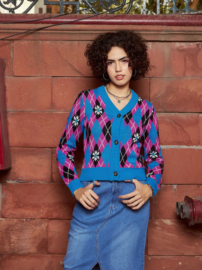 Blue Geometric Front Open Wool Cardigan-SASSAFRAS