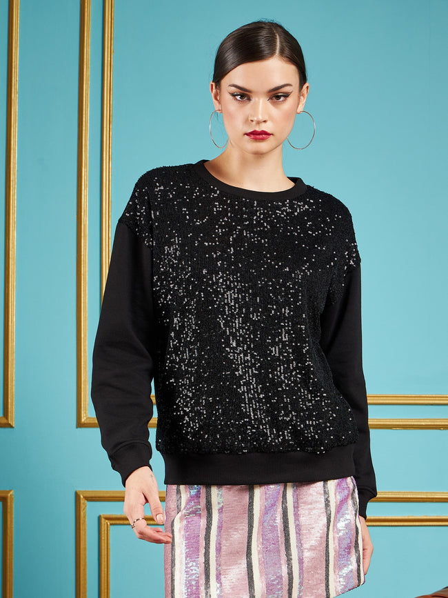 Black Sequin Oversized Sweatshirt-SASSAFRAS