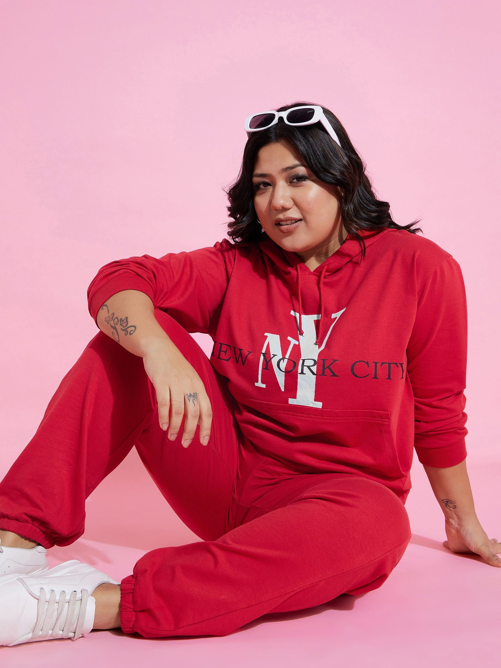 Women Red New Yoke Fleece Hoodie