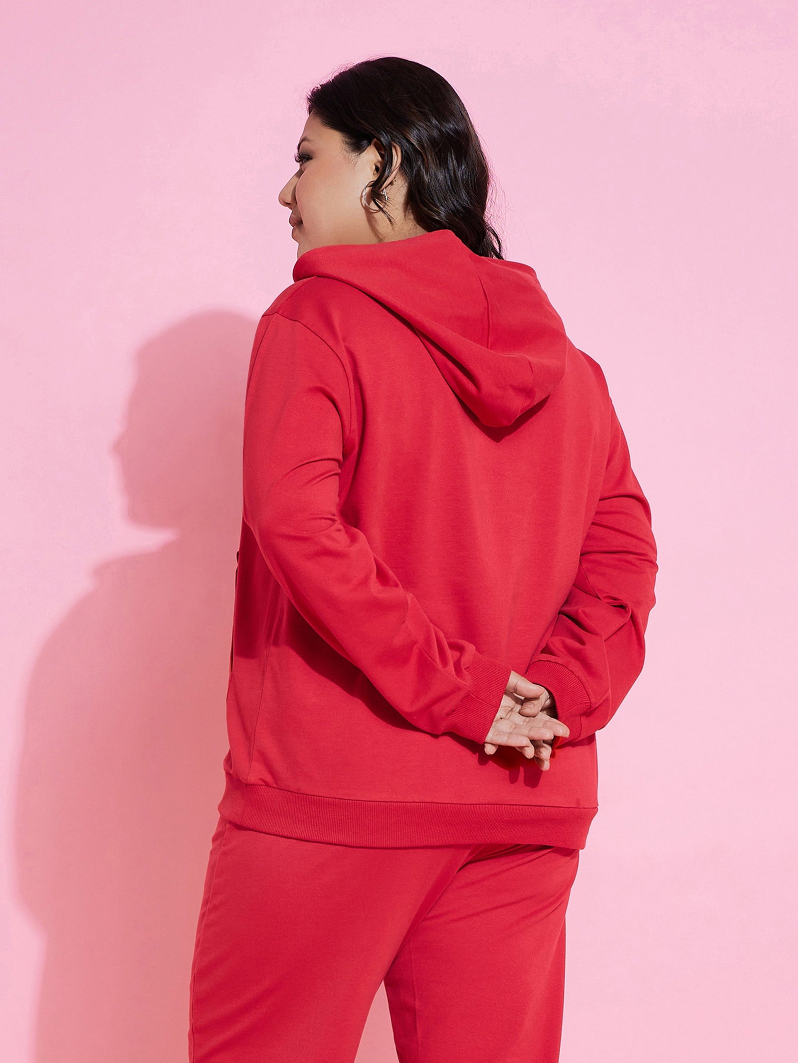 Women Red New Yoke Fleece Hoodie