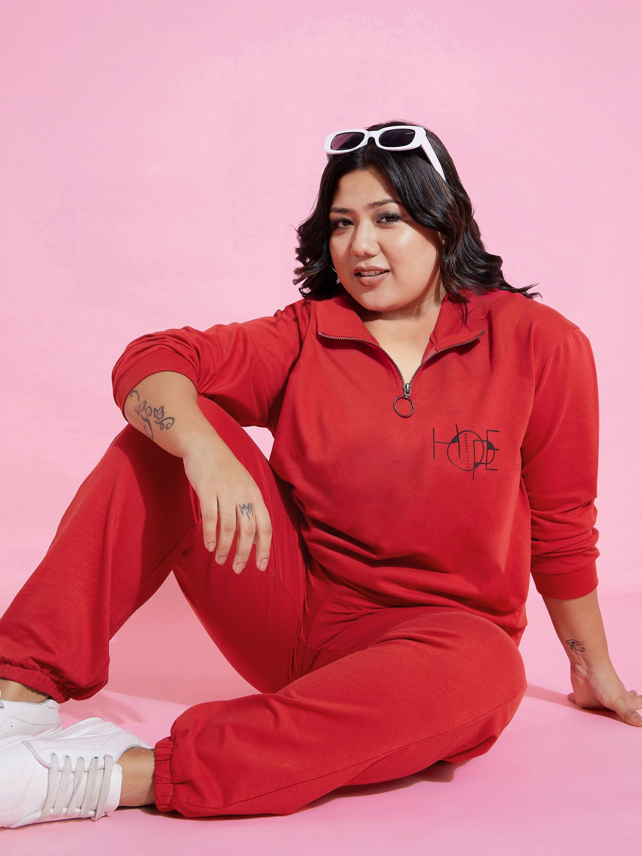 Women Red Fleece  Zipper Sweatshirt