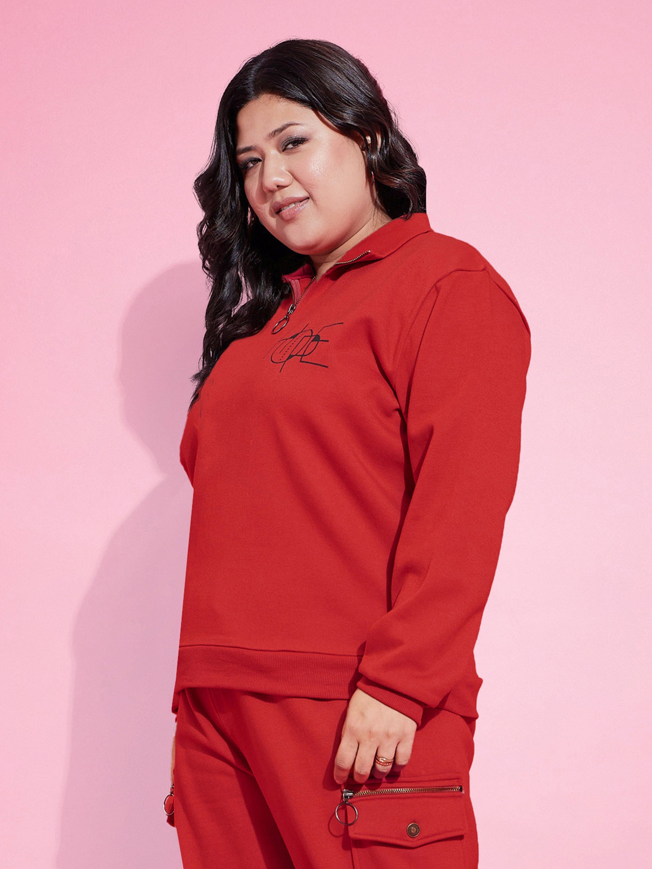 Women Red Fleece  Zipper Sweatshirt