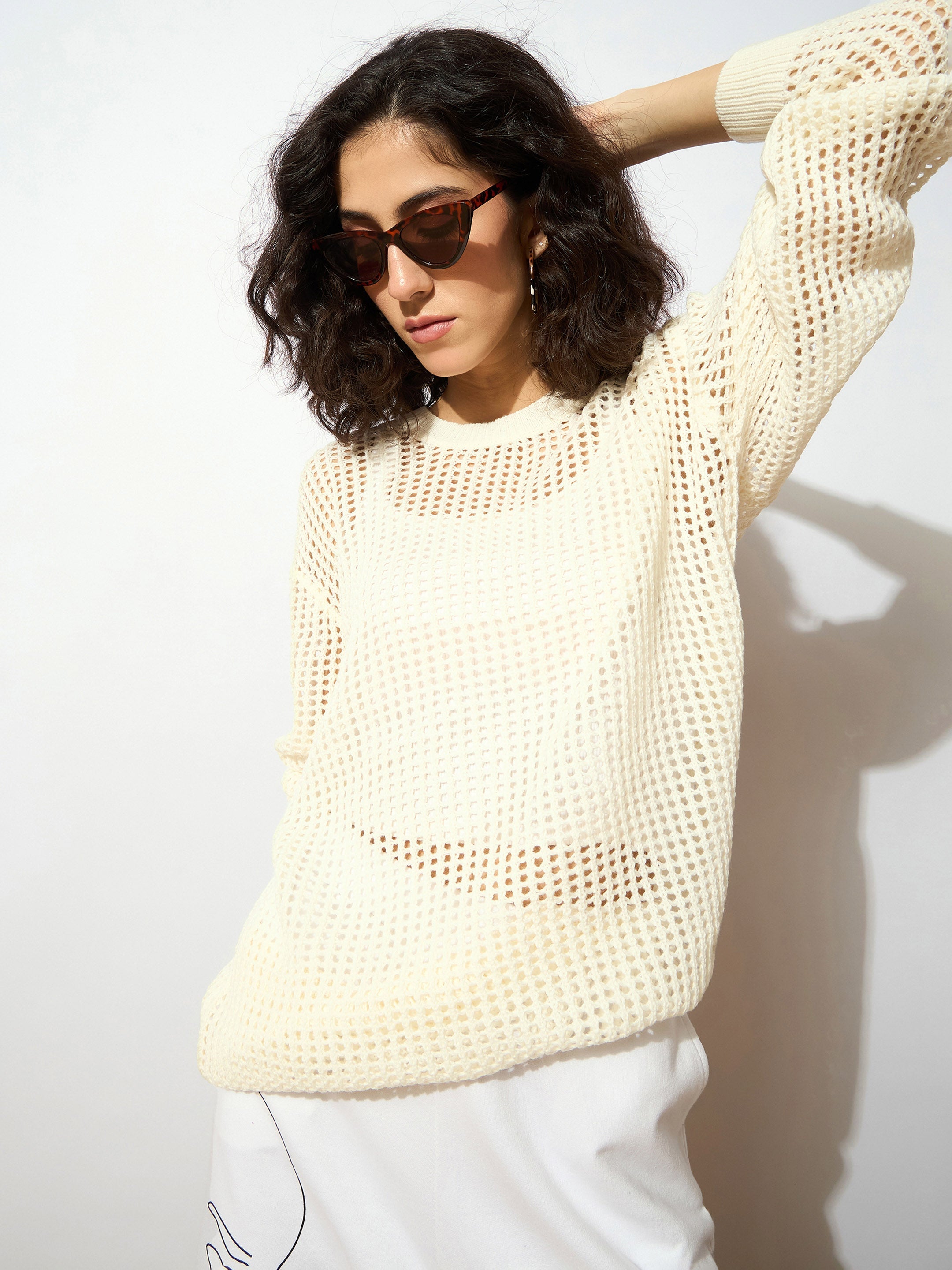 Women Cream Oversized Crochet Sweater