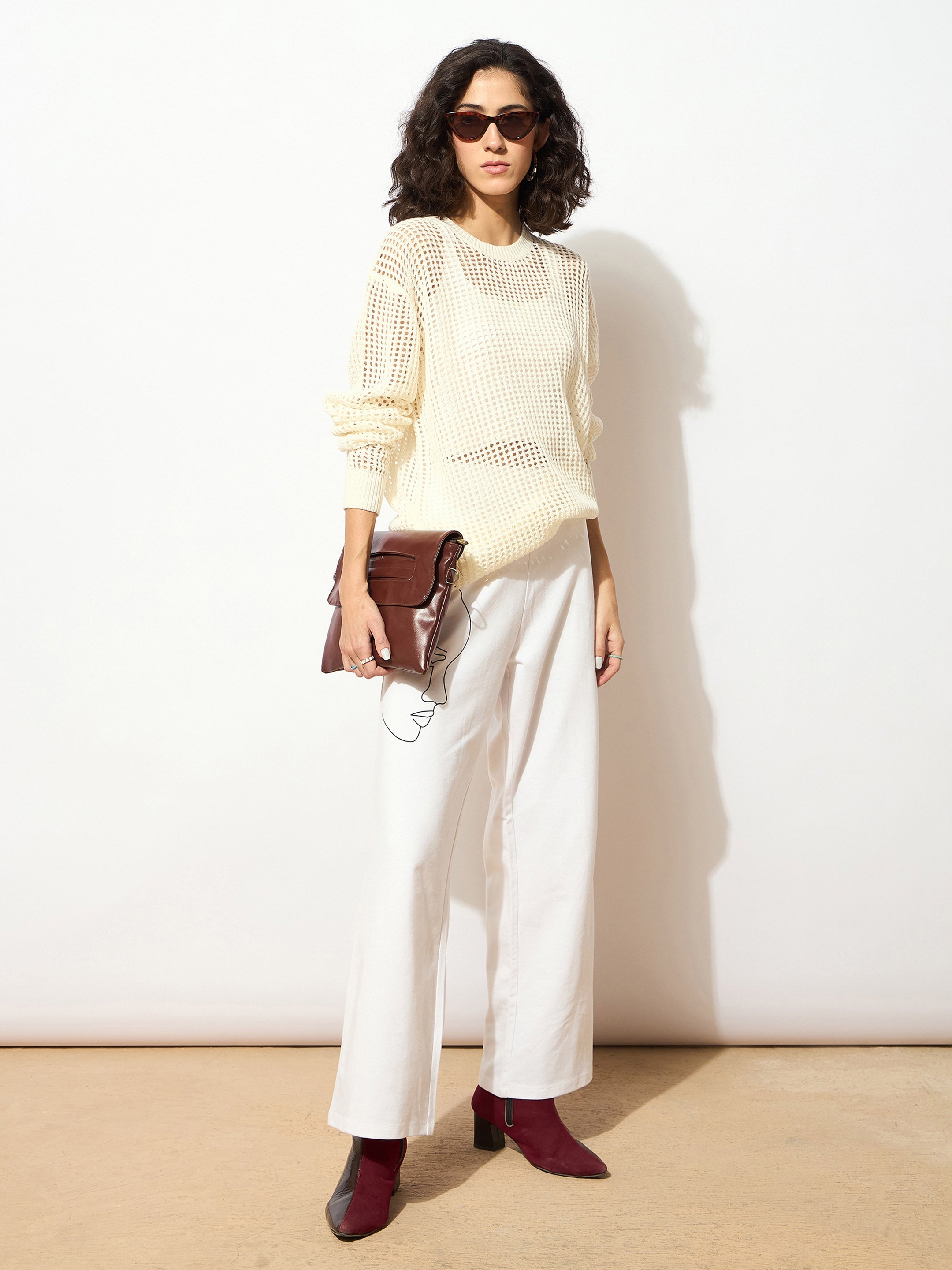 Women Cream Oversized Crochet Sweater