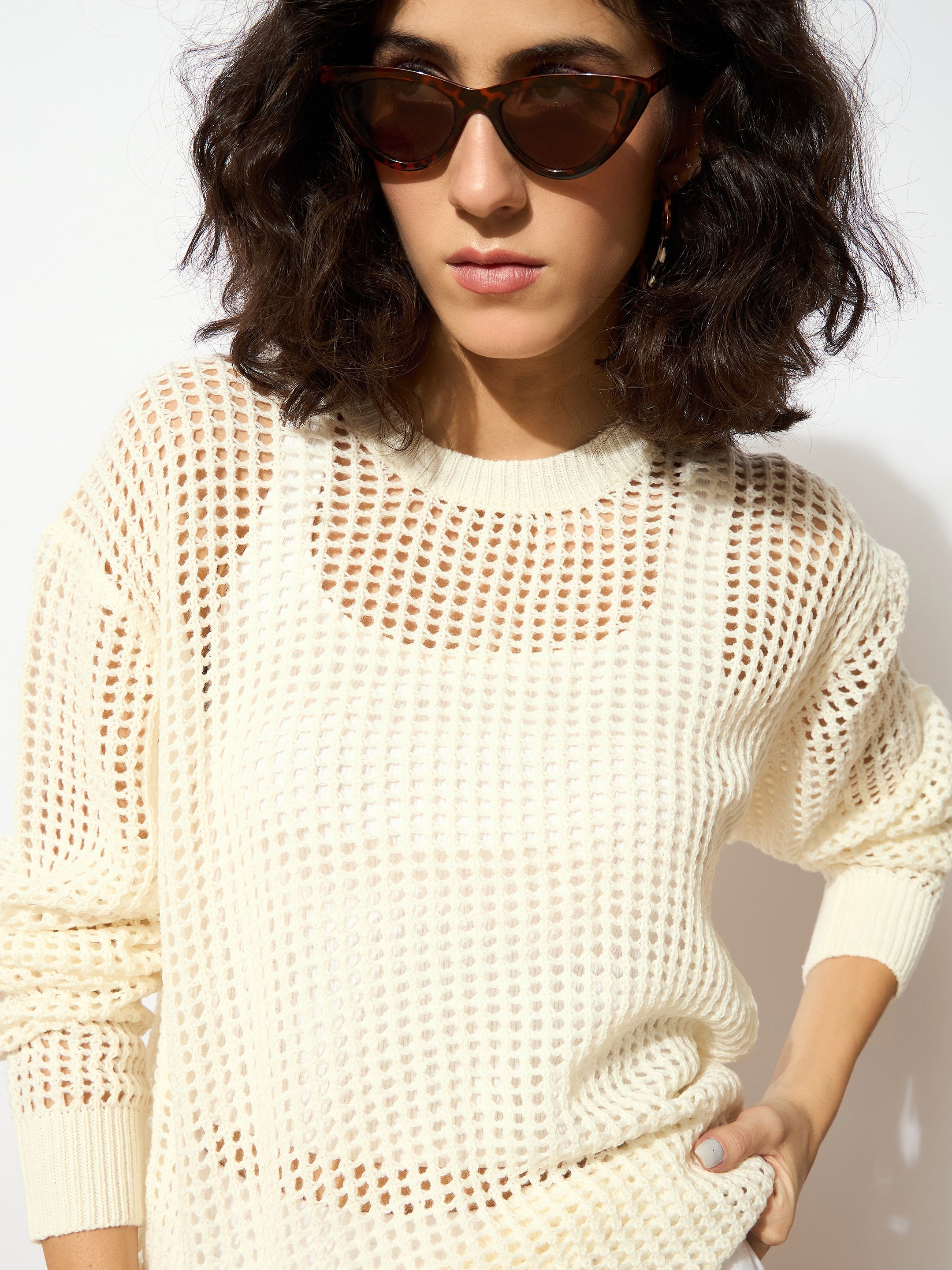 Women Cream Oversized Crochet Sweater